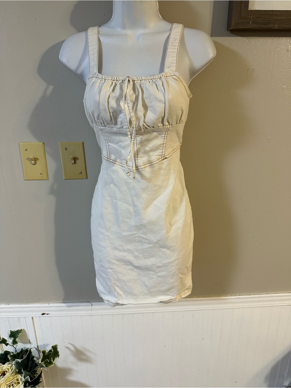 Sleeveless Cream Mini Dress with Gathered Drawstring Bodice